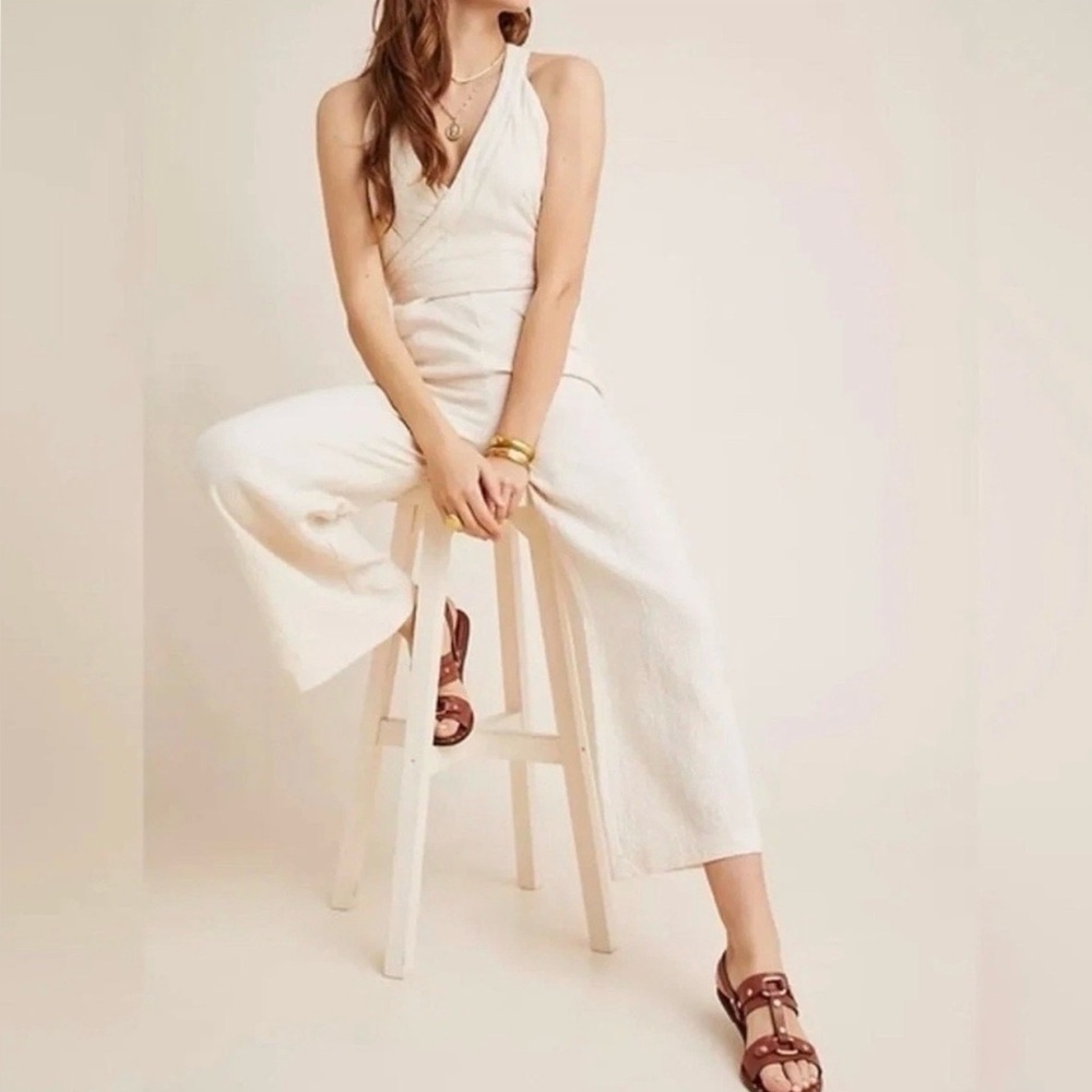 Anthropologie Demi Textured Ivory Wrap Jumpsuit - Picture 2 of 8